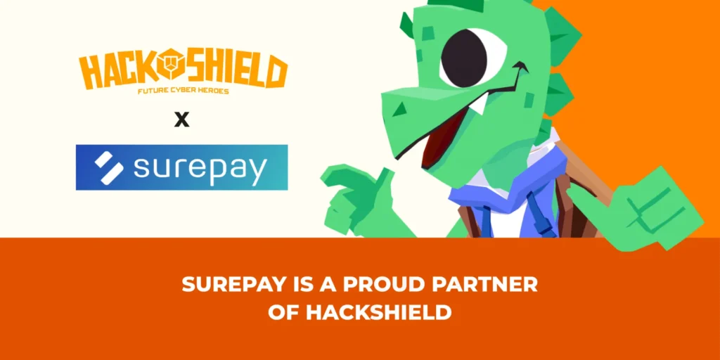 Logo’s van HackShield en SurePay naast elkaar, die de nieuwe samenwerking voor veiligere online betalingen symboliseren.