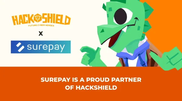 Logo’s van HackShield en SurePay naast elkaar, die de nieuwe samenwerking voor veiligere online betalingen symboliseren.
